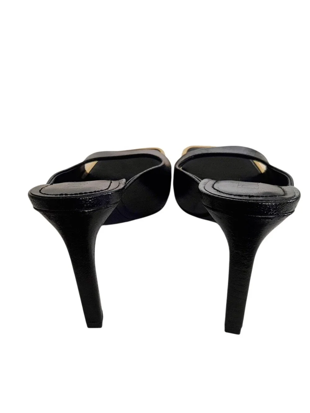 New DKNY Arleen Black Vegan Leather Open-Toe High Heel Mules w/Gold Trim Sz 10M